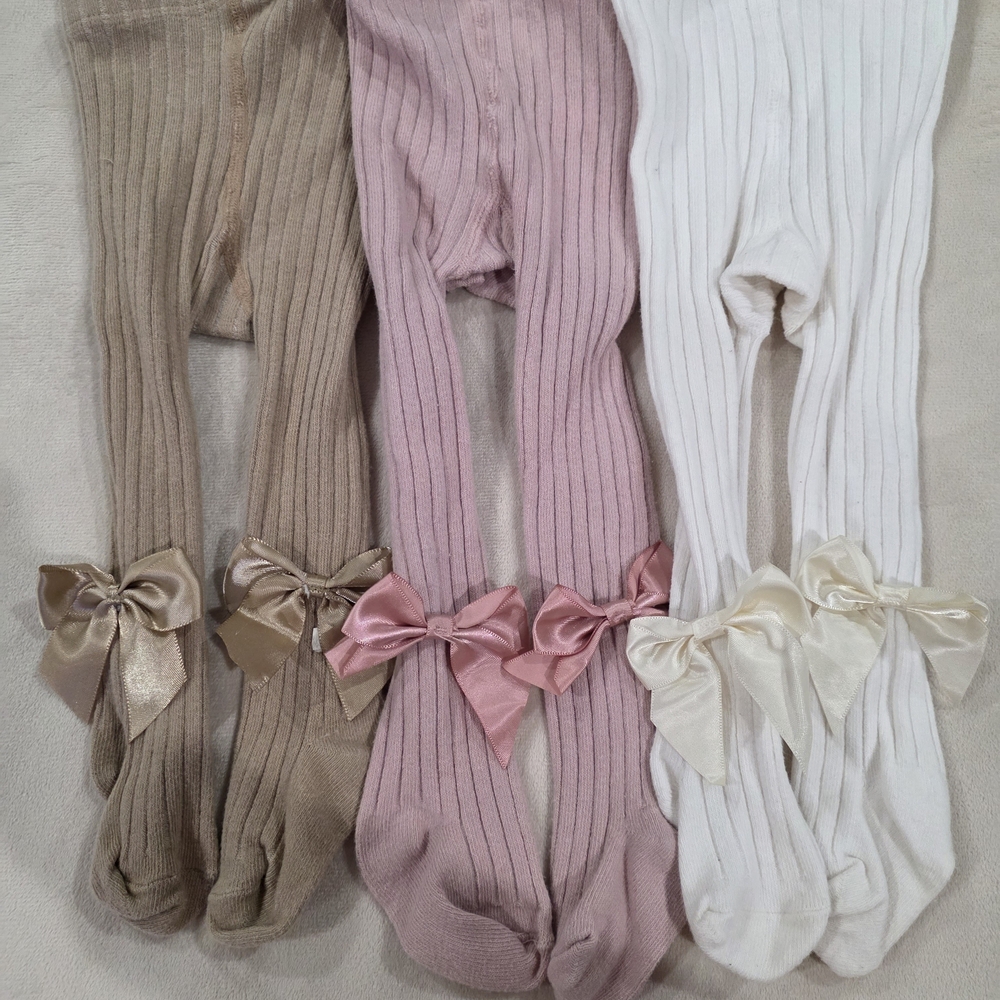 Kids Bow Accent Tights - Pink, Cream, and Tan